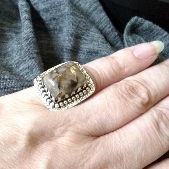Sz 6.5 ~ Rutilated Quartz Ring! Square Cabochon! SouthWest Vibe! Wide Cigarband - Picture 1 of 10